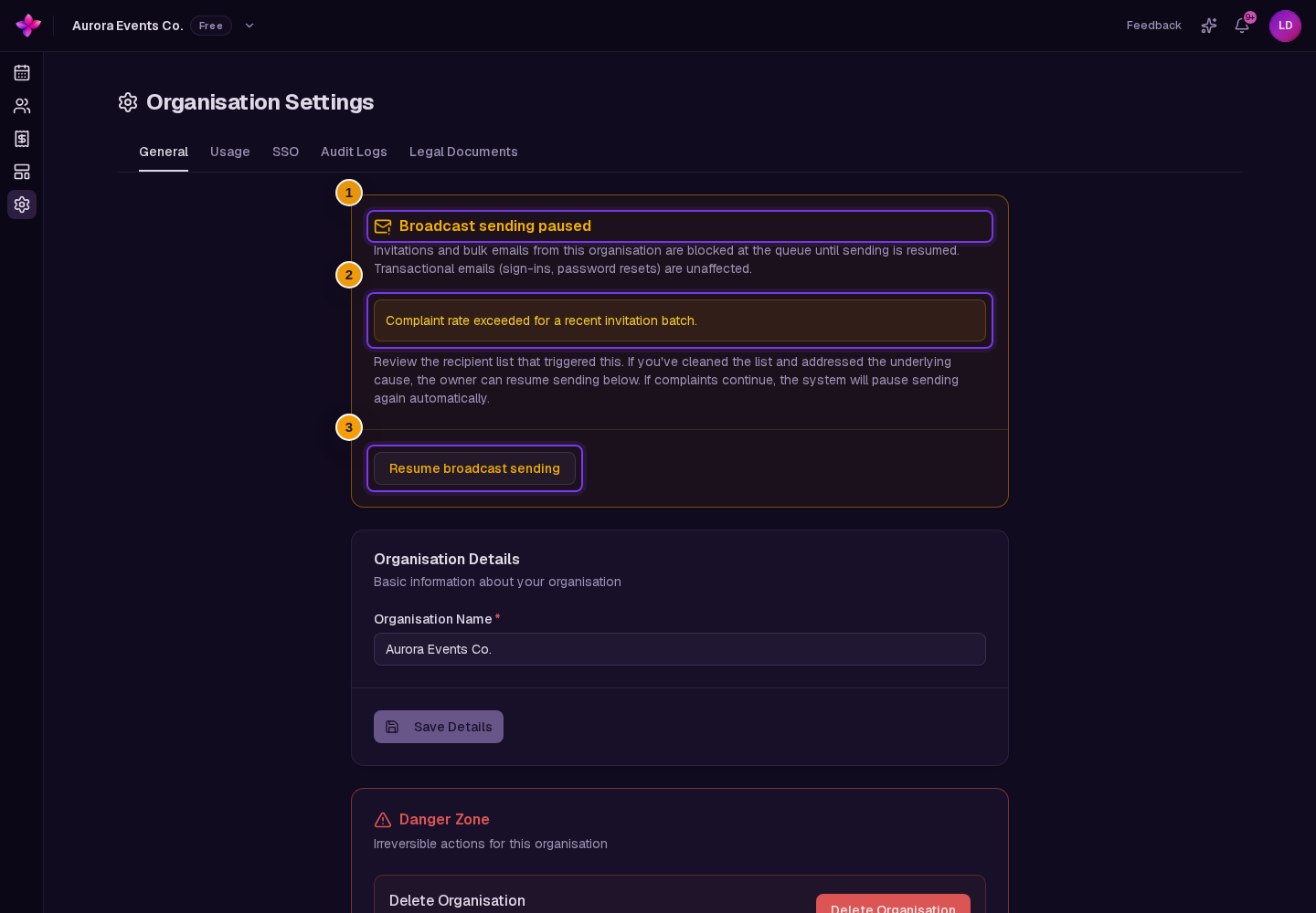 Broadcast sending paused with the recorded reason and Resume broadcast sending