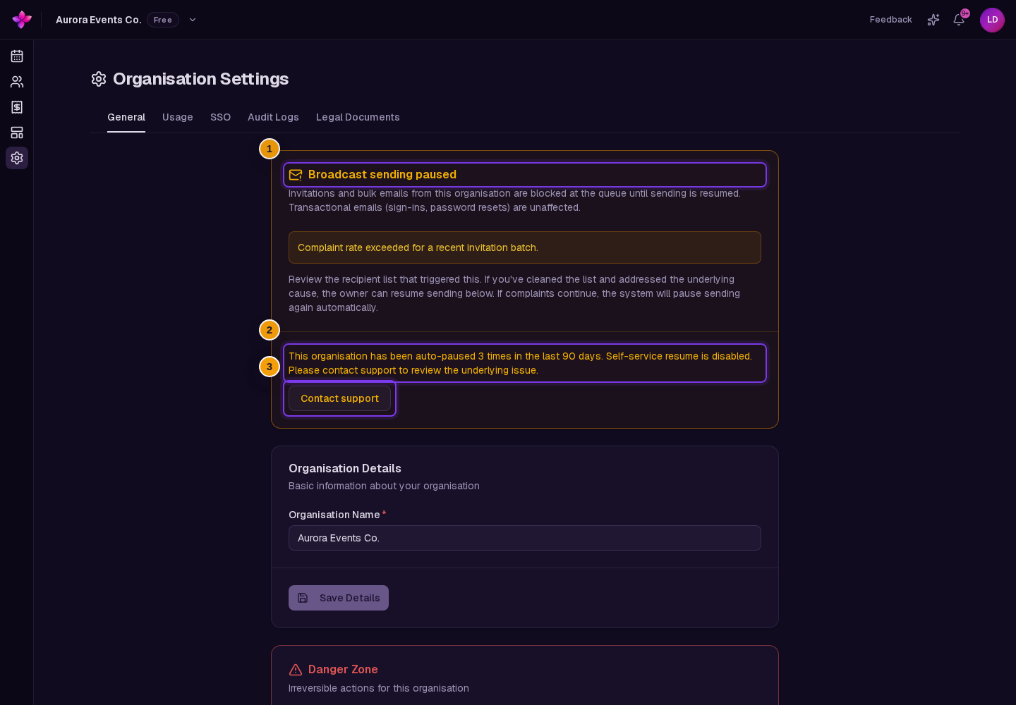 Self-service disabled message and Contact support