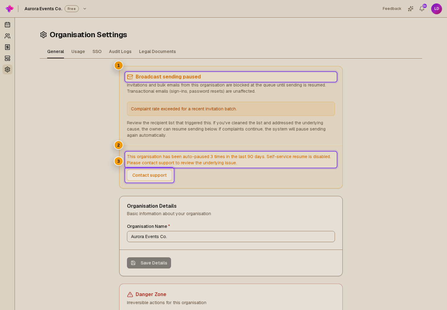 Self-service disabled message and Contact support
