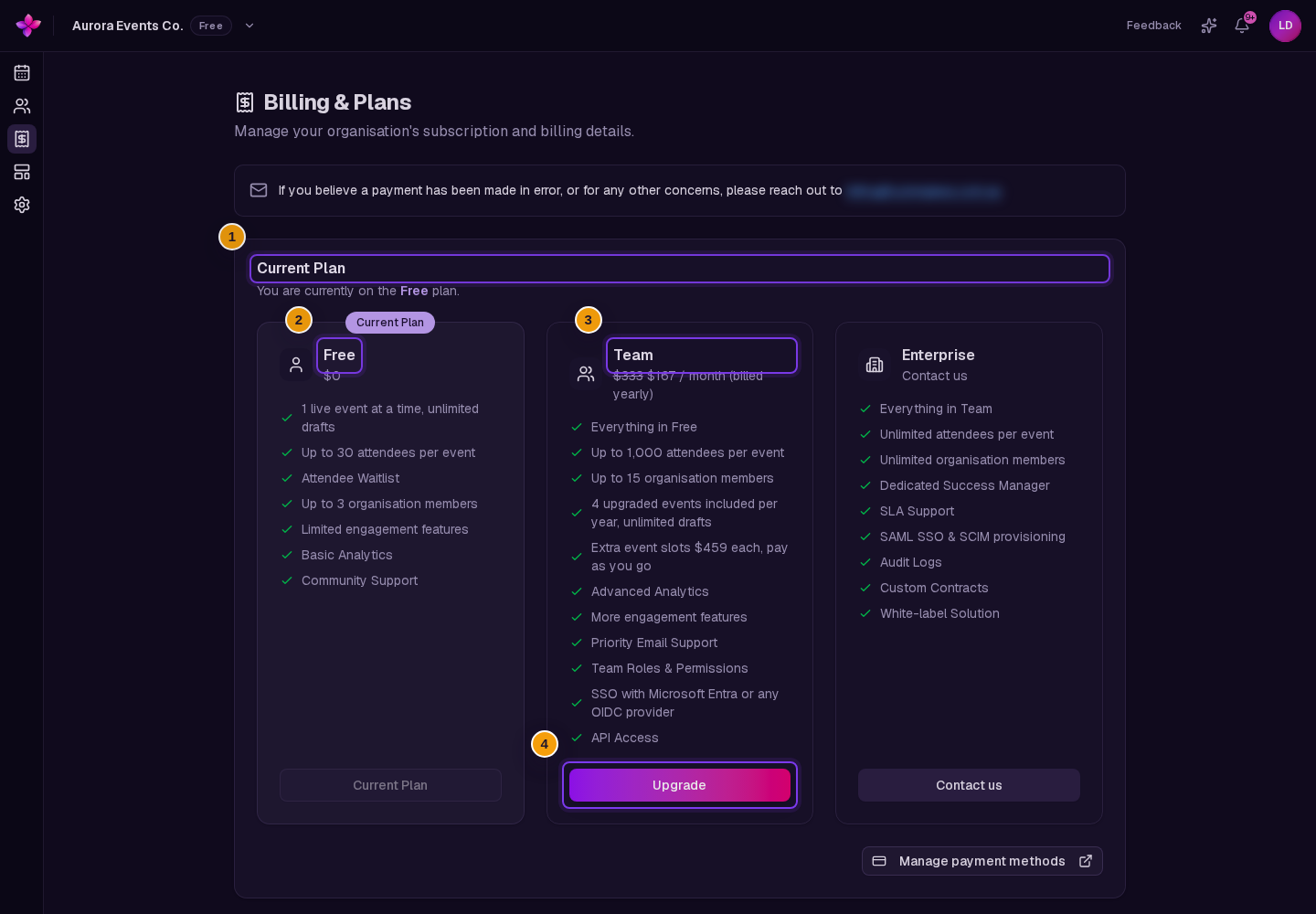 Billing and Ticketing with Free as Current Plan and the Team Upgrade button visible
