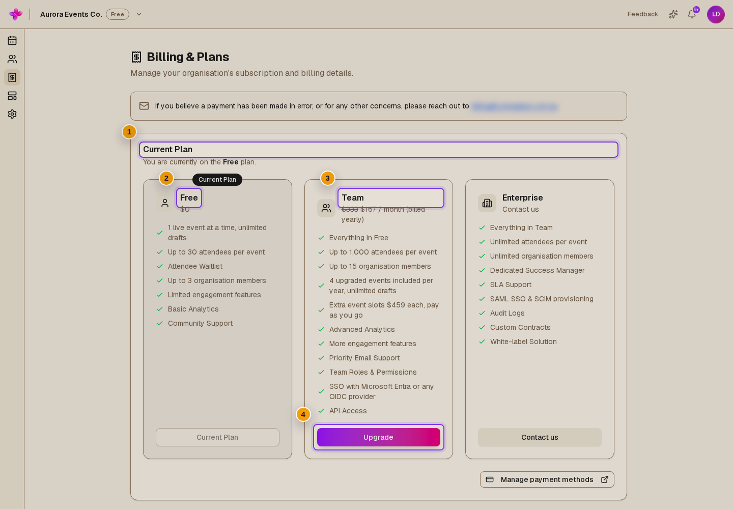 Billing and Ticketing with Free as Current Plan and the Team Upgrade button visible