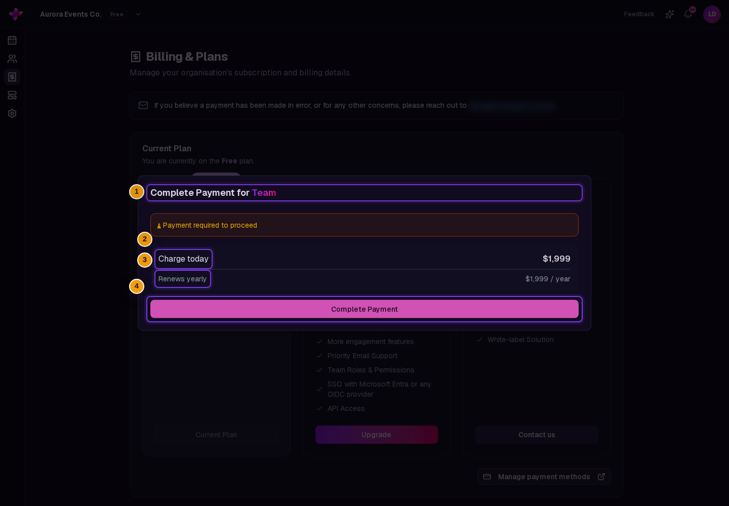 A Team payment window with Charge today, Renews yearly and the Complete Payment button visible
