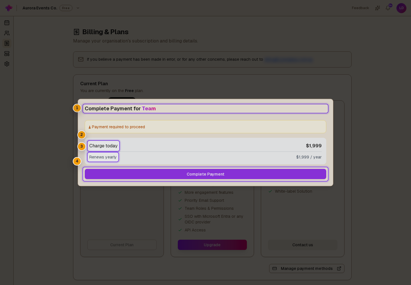 A Team payment window with Charge today, Renews yearly and the Complete Payment button visible