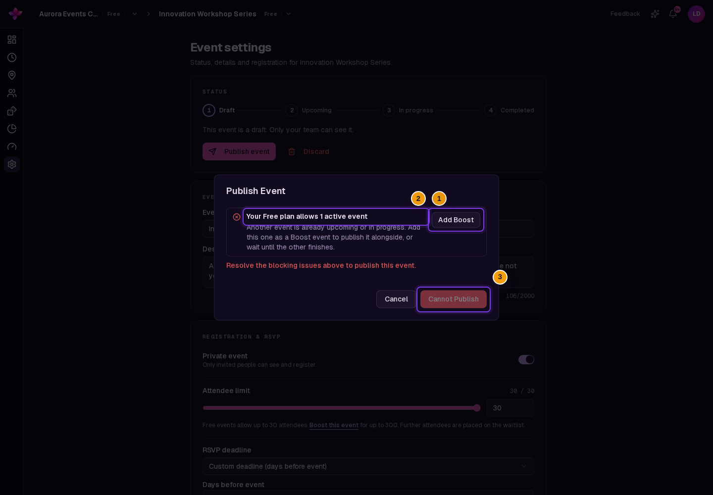 Publish Event dialog for a Free organisation with the active-event blocker and Add Boost visible