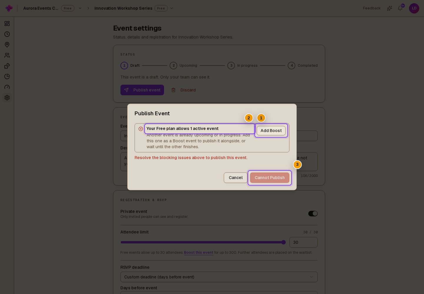 Publish Event dialog for a Free organisation with the active-event blocker and Add Boost visible